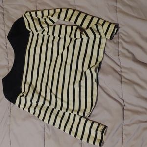 A navy blue striped white shirt